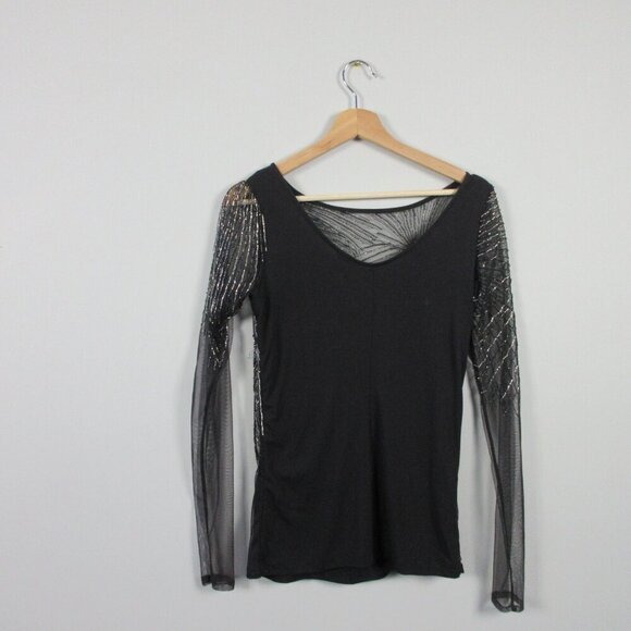 Club Monaco Women Top S Black Starburst Sequin LS Sheer Beaded Luxury Party 226 - Picture 2 of 12